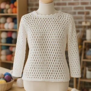 Suéter calado tejido a crochet en color blanco, exhibido sobre maniquí en taller artesanal. Patrón disponible para descarga.