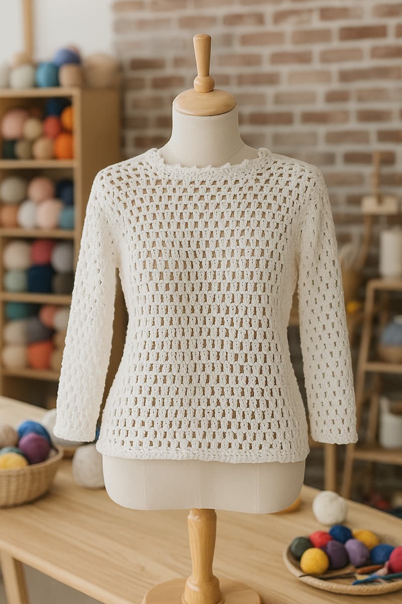 Suéter calado blanco tejido a crochet exhibido sobre un maniquí en un taller artesanal, rodeado de ovillos de lana y herramientas de tejido.
