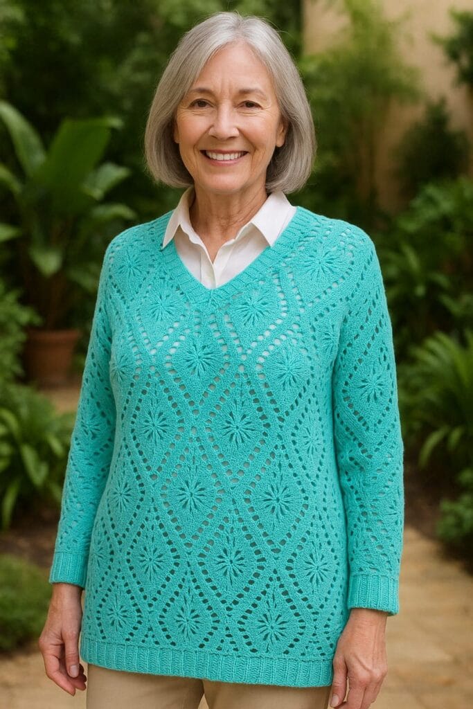 sueter con rombos en color turqueza tejido a crochet