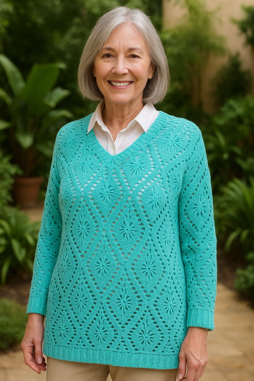 sueter con rombos en color turqueza tejido a crochet