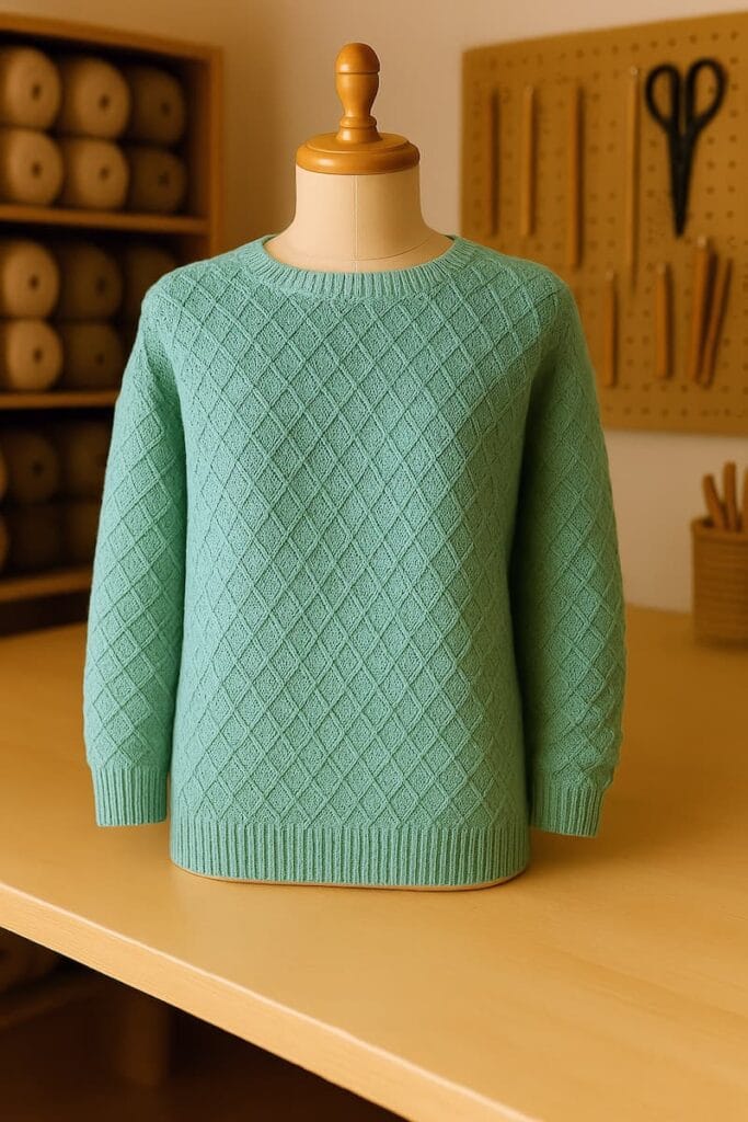 Prenda tejida artesanalmente en color verde agua, colocada sobre un maniquí en un taller de tejidos. La textura es uniforme y de punto grueso, sin relieves florales, manteniendo la misma estructura visible en las mangas. El entorno incluye ovillos, agujas, telas y una iluminación cálida que transmite el ambiente cuidado y creativo del espacio textil.