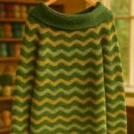Suéter tejido a crochet colgado en percha de madera, con diseño de punto zig zag en tonos verde oscuro, verde claro y amarillo, ambientado en un taller artesanal de tejidos