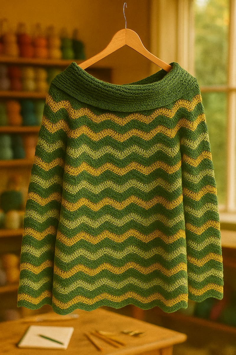 Suéter tejido a crochet colgado en percha de madera, con diseño de punto zig zag en tonos verde oscuro, verde claro y amarillo, ambientado en un taller artesanal de tejidos