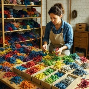 Taller artesanal lleno de restos de lana multicolores esparcidos por el suelo y las mesas, con cestas y manos en acción clasificándolos para futuros proyectos creativos.