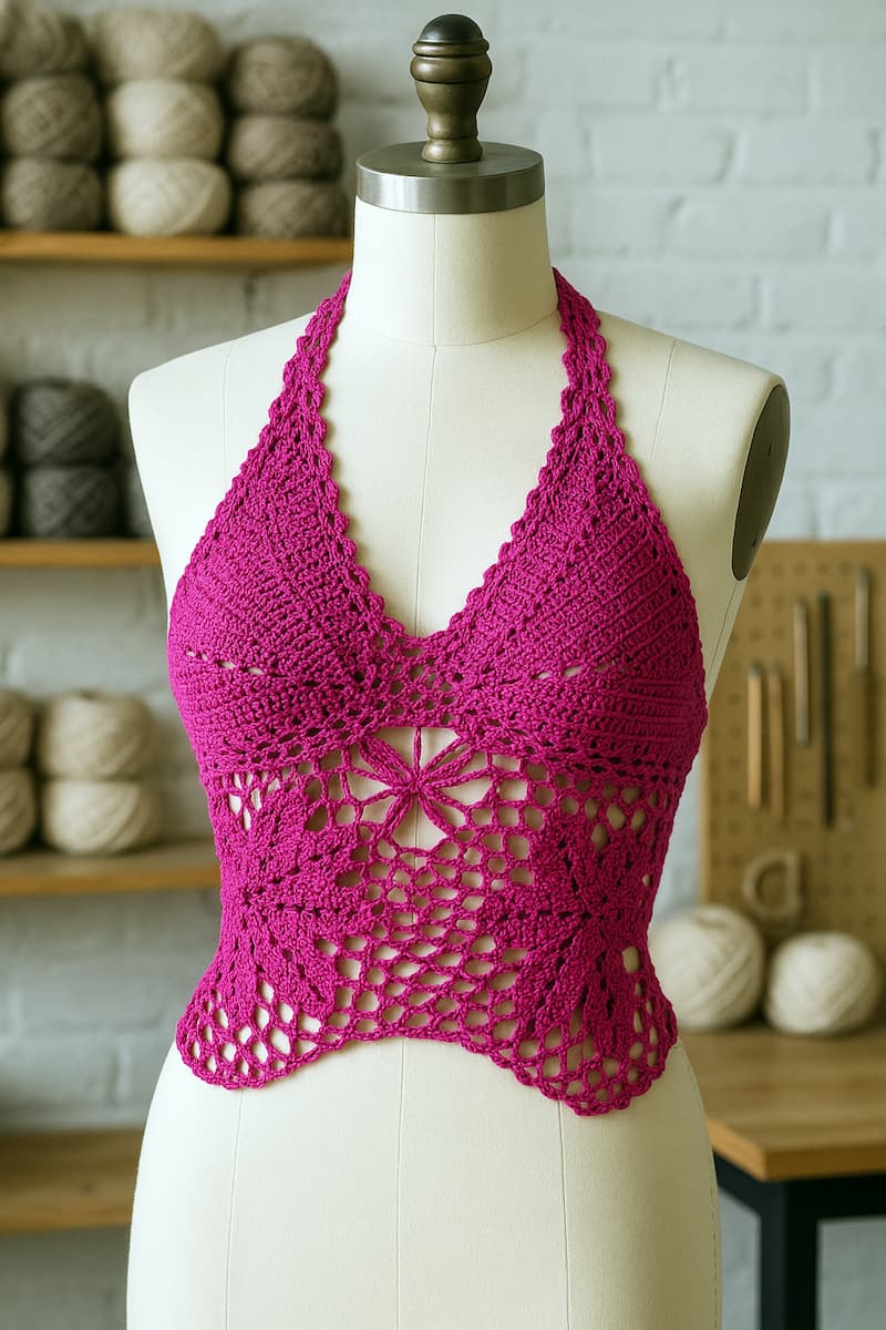 Top tejido a crochet en color fucsia, presentado sobre un maniquí. La prenda mantiene su textura original con detalles calados y forma ajustada, ideal para climas cálidos. El fondo muestra un taller artesanal con bobinas de hilo, herramientas de tejido y una atmósfera cálida que resalta el carácter hecho a mano del diseño.
