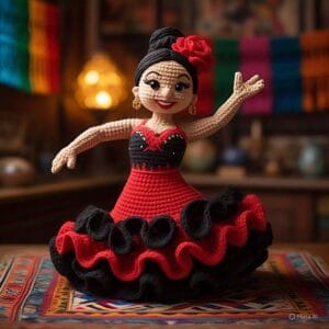 "Muñeca amigurumi vestida de flamenca, tejida a crochet con vestido rojo y negro de volados, cabello negro con flor roja, sobre fondo blanco."