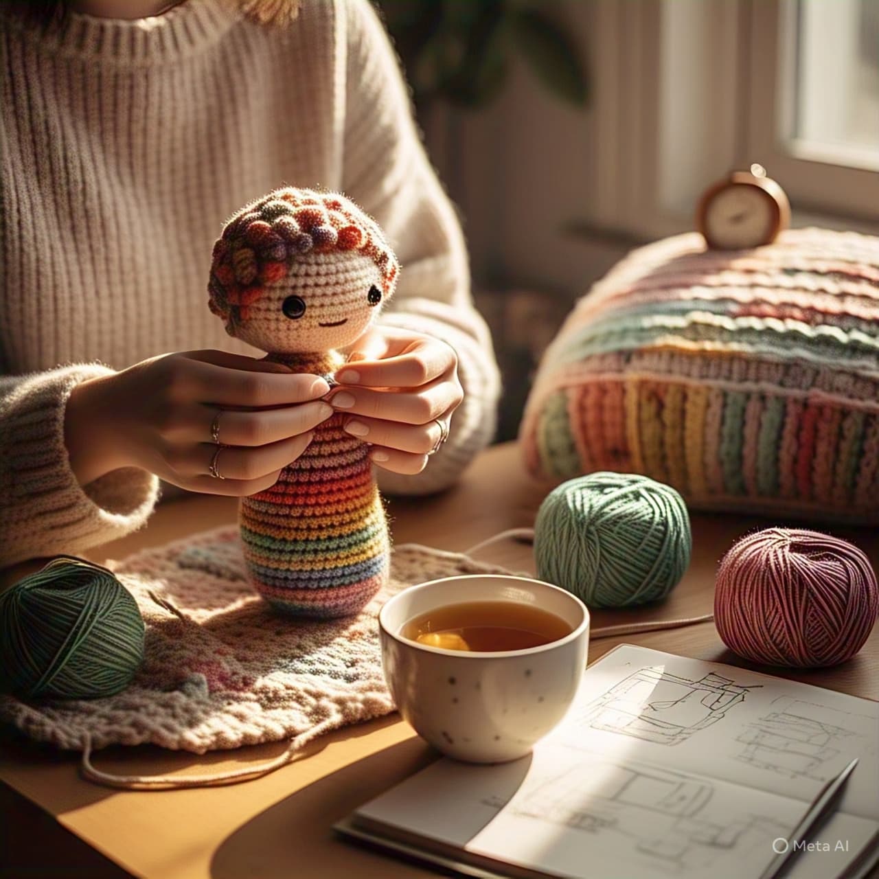 escena de crochet acogedora en luz natural cálida. Una pareja de manos trabajando suavemente en un muñeco de amigurumi colorido, rodeado de bolas de lana