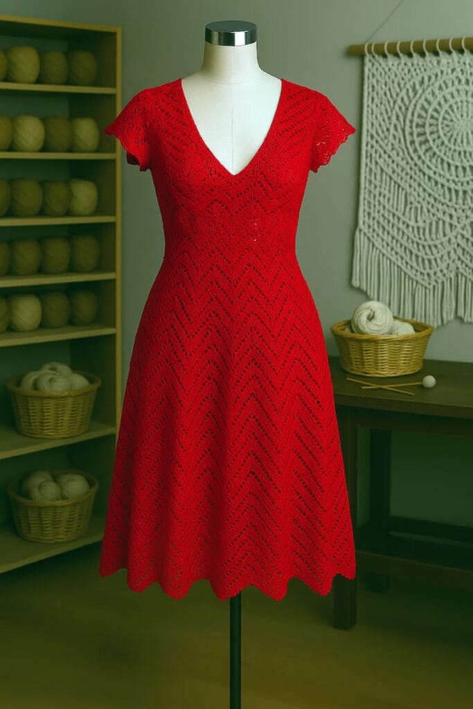 Vestido a crochet en color rojo exhibido de frente sobre un maniquí, mostrando tiras verticales tejidas que forman motivos ornamentales con relieve. El maniquí está ubicado en un taller artesanal de tejidos, con detalles de hilos, textiles y herramientas de crochet en el fondo, realzando la textura y delicadeza del diseño hecho a mano.