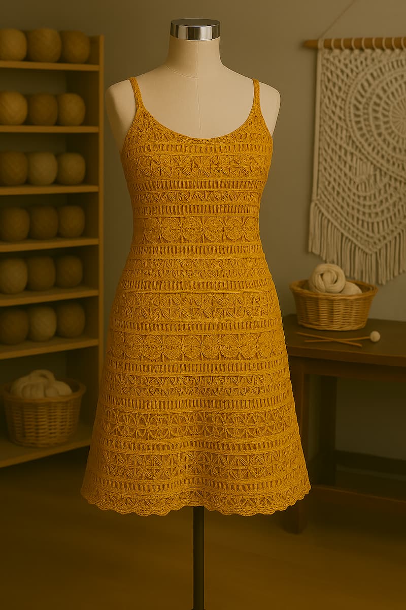 Maniquí frontal vestido con un elegante vestido a crochet en color mostaza, tejido con tiras verticales que forman motivos detallados y simétricos. La prenda se presenta dentro de un taller artesanal con hilos, tejidos y herramientas de crochet al fondo, destacando la textura y estructura del diseño.