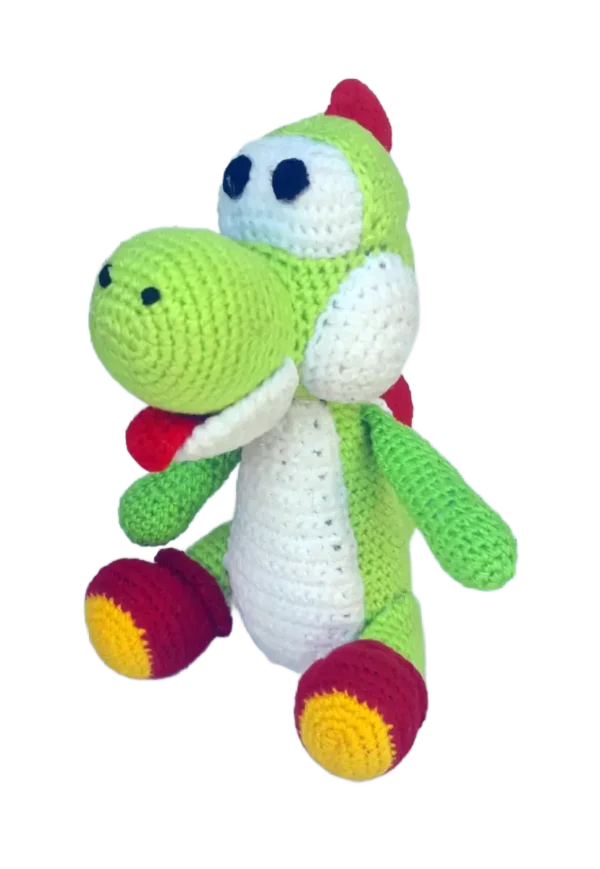 Yoshi tejido a crochet en técnica amigurumi, ideal como regalo gamer artesanal.