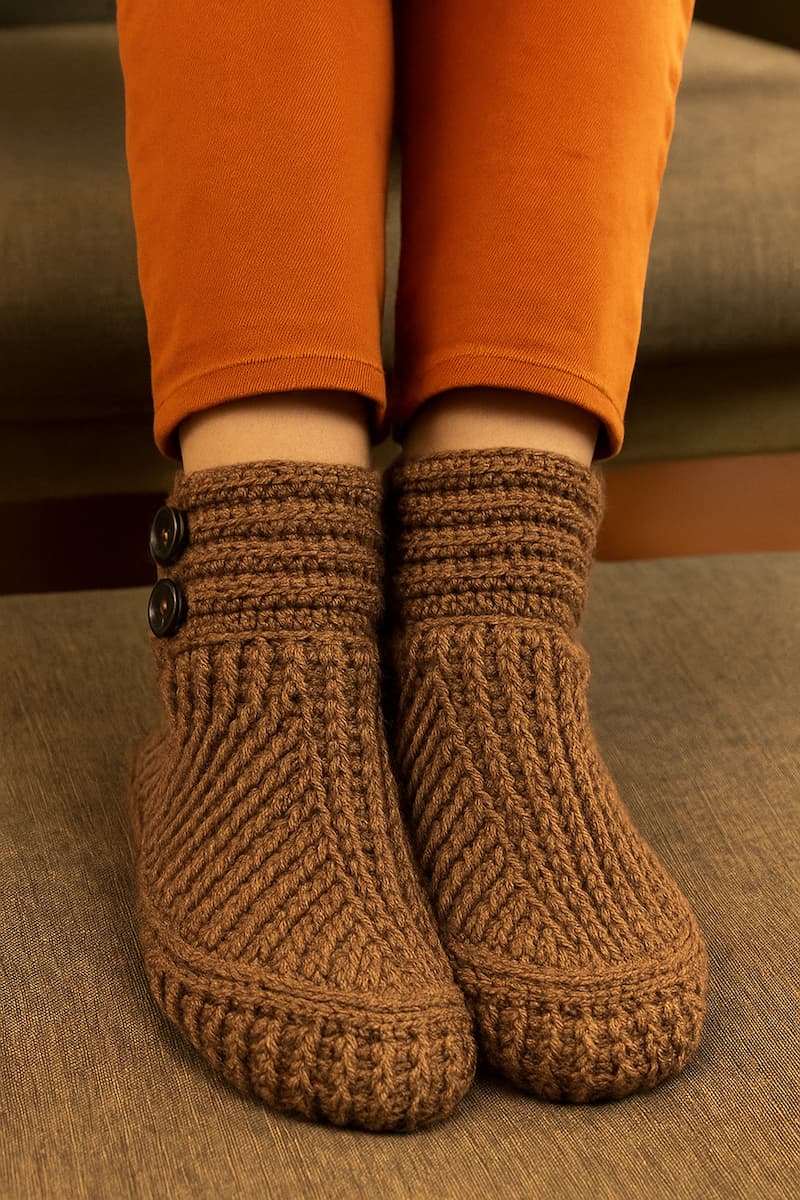 Persona con pantalón naranja claro luce un par de botitas tejidas a crochet en color marrón claro, con detalles en punto relieve y dos botones decorativos en el lateral.