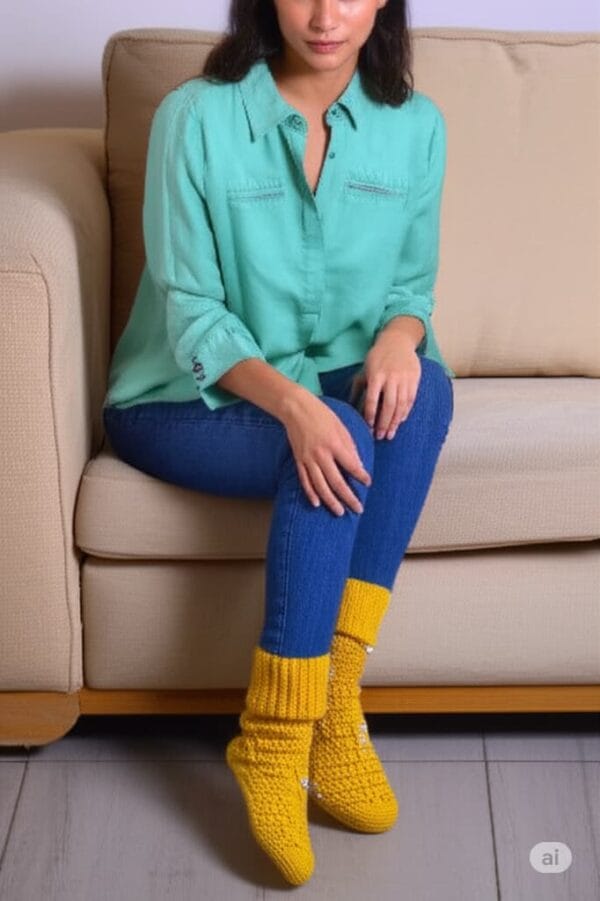 Una mujer morena sentada en un sofá beige con los pies juntos, luciendo unos zapatos tejidos a crochet de color amarillo pastel.