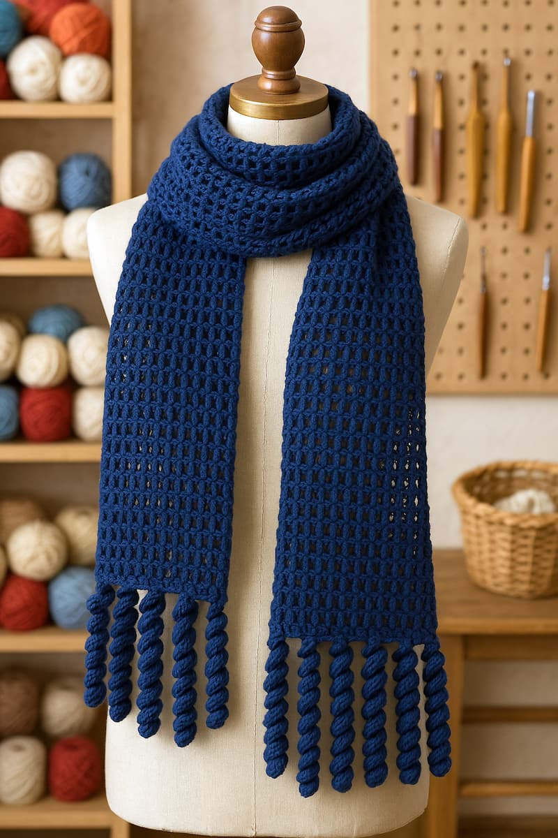 Bufanda tejida en crochet de color azul naval, colocada sobre un maniquí en un entorno cálido de taller artesanal, con tirabuzones definidos que reemplazan los flecos tradicionales, destacando su textura suave y patrón único de tejido.
