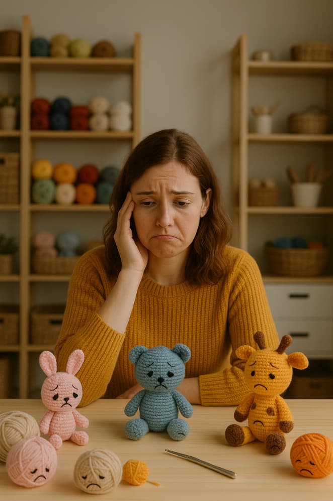 amigurumis personalizados en una Mesa de trabajo con tres amigurumis tejidos a crochet: un conejo rosa, un oso azul y una jirafa amarilla, todos con expresiones melancólicas. Alrededor hay bolas de hilo de colores, una aguja de crochet y materiales artesanales, mientras una persona sentada detrás prepara detalles. En el fondo se aprecian estantes con más lanas y cestas, transmitiendo el ambiente cálido y creativo del taller.