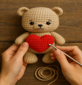 Primer plano de un oso amigurumi tejido a mano en tono marrón claro, con un corazón rojo aplicado en el pecho. Dos manos sostienen una aguja de crochet mientras trabajan en los detalles del muñeco, resaltando el proceso artesanal y el cuidado dedicado a la creación. El fondo neutro enfoca la atención en el acto de tejido, transmitiendo ternura y dedicación.