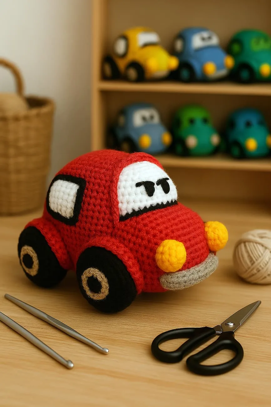 autito rojo amigurumi tejido a crochet sobre mesa de taller artesanal