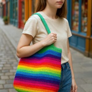 Modelo de espaldas caminando por una calle peatonal llena de locales con escaparates coloridos. Lleva sobre el hombro un bolso colorido tejido en crochet, que destaca por su textura y diseño único. El entorno urbano resalta la pieza como un accesorio versátil y expresivo, fusionando lo cotidiano con lo artístico.