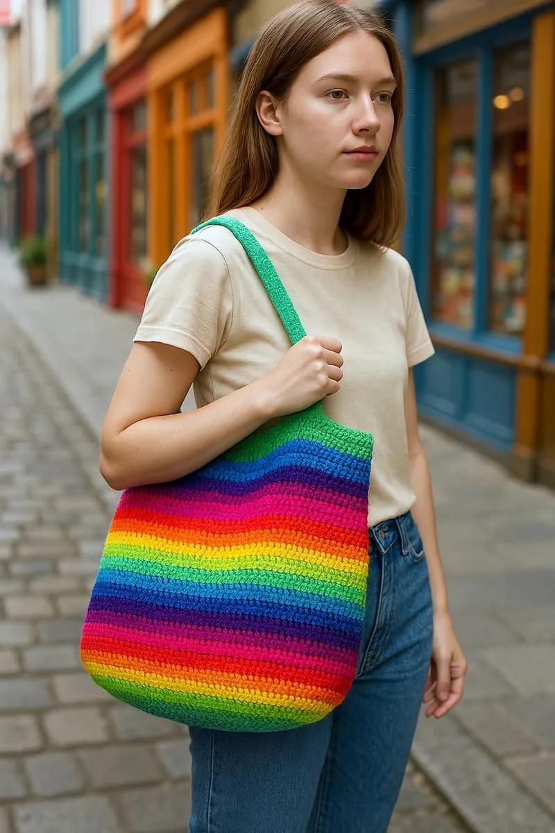 Modelo de espaldas caminando por una calle peatonal llena de locales con escaparates coloridos. Lleva sobre el hombro un bolso colorido tejido en crochet, que destaca por su textura y diseño único. El entorno urbano resalta la pieza como un accesorio versátil y expresivo, fusionando lo cotidiano con lo artístico.