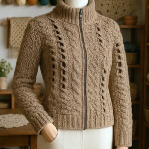 Campera a crochet en tono mocha mousse exhibida sobre un maniquí dentro de un taller artesanal. El entorno muestra estantes con hilos de colores, herramientas de tejido y detalles cálidos que evocan un espacio creativo y acogedor.