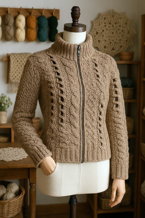 Campera a crochet en tono mocha mousse exhibida sobre un maniquí dentro de un taller artesanal. El entorno muestra estantes con hilos de colores, herramientas de tejido y detalles cálidos que evocan un espacio creativo y acogedor.