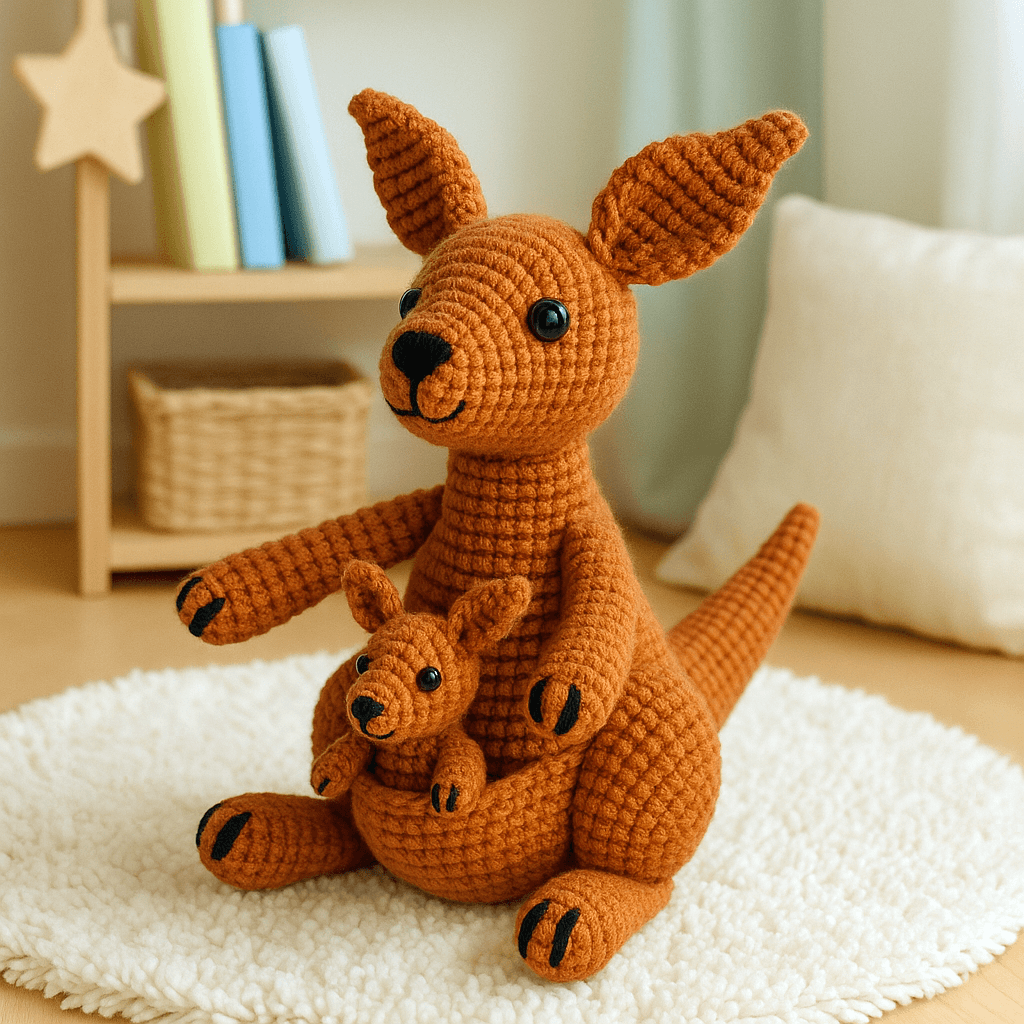 canguro amigurumi con cangurito en su bolsa