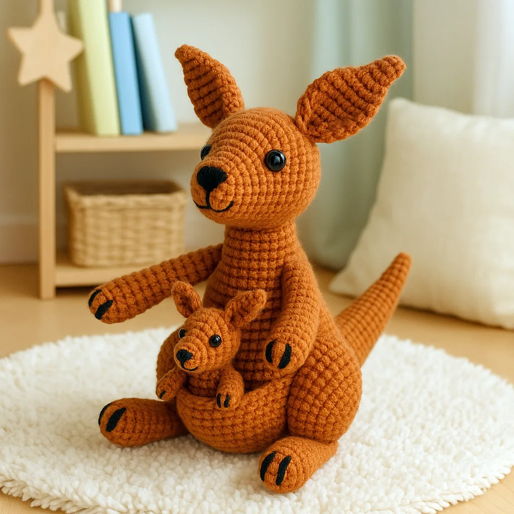 canguro amigurumi con cangurito en su bolsa