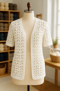 cardigan tejido a crochet en blanco puro, exhibida sobre un maniquí de madera en un taller de tejidos bien iluminado. La textura suave y definida de la prenda resalta bajo la luz natural, rodeada de estanterías con hilos y herramientas que reflejan el carácter artesanal del espacio.