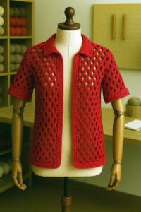 Cardigan tejido a crochet en tonos cereza, con puntos calados y texturizados, exhibido en un maniquí dentro de un taller artesanal con estanterías de ovillos y herramientas de crochet al fondo.