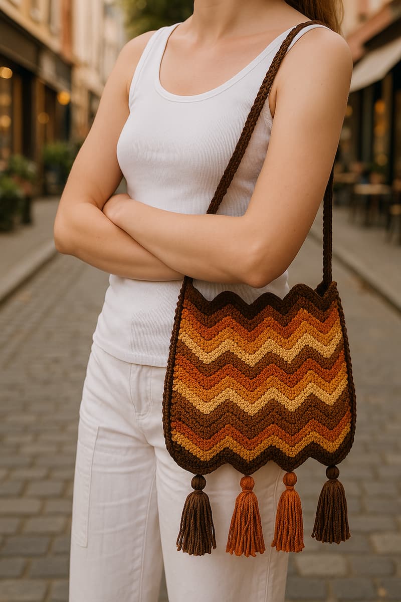 Modelo caucásica caminando por una calle peatonal comercial, luciendo una cartera en punto zig-zag tejida a mano en tonos tierra que resaltan sobre su vestimenta clara, enmarcada por negocios con carteles llamativos y una atmósfera urbana y dinámica."