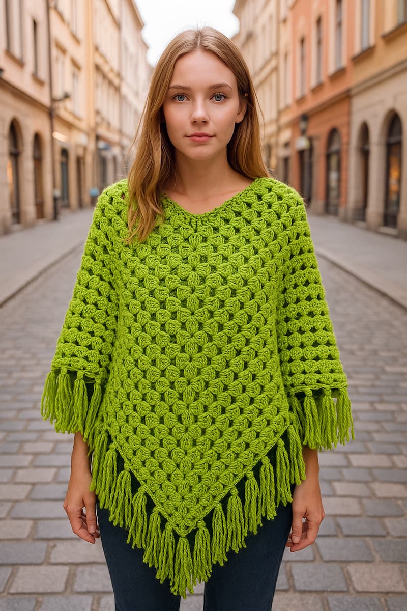lanas para tejer chales. Mujer rubia de cabello largo y lacio posa en una calle peatonal empedrada, luciendo un chal tejido en crochet color verde lima con flecos largos. El diseño de la prenda destaca por sus motivos en forma de rombos y textura artesanal. Al fondo, se aprecian edificios históricos con fachadas cálidas y tiendas con vitrinas, creando un contraste urbano que realza la viveza del chal.