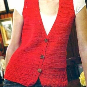 "Chaleco rojo tejido a crochet con botones, ideal para un look artesanal y moderno
