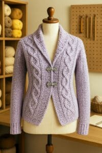 chaleco tejido con mangas a crochet en color lila claro, exhibida sobre un maniquí blanco dentro de un taller artesanal. La textura del tejido, con puntos abiertos y delicados, se mantiene visible y detallada, enmarcada por herramientas de tejido y estanterías con hilos en el fondo, evocando un ambiente creativo y acogedor.
