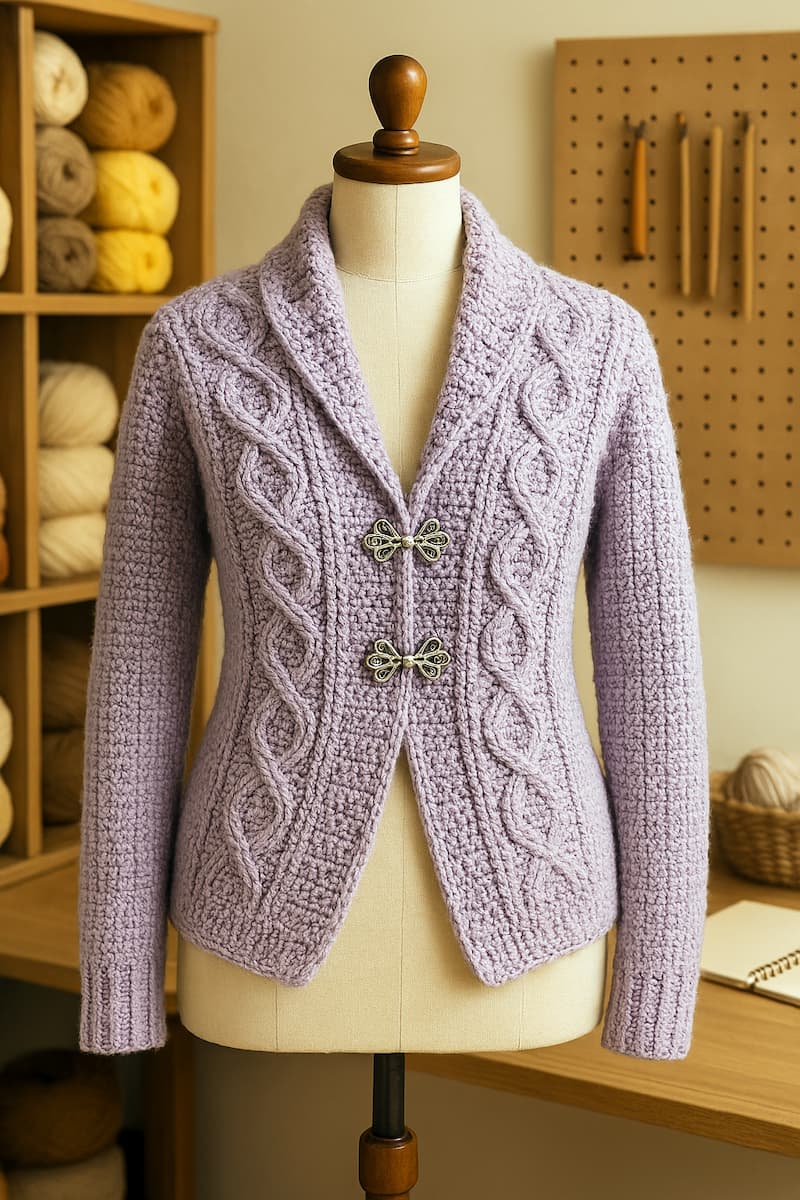 chaleco tejido con mangas a crochet en color lila claro, exhibida sobre un maniquí blanco dentro de un taller artesanal. La textura del tejido, con puntos abiertos y delicados, se mantiene visible y detallada, enmarcada por herramientas de tejido y estanterías con hilos en el fondo, evocando un ambiente creativo y acogedor.