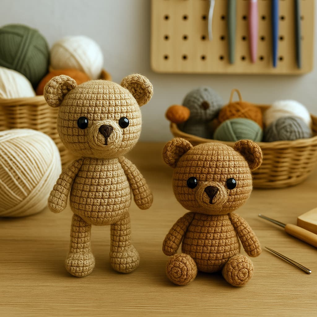 Amigurumis en un taller de tejidos: uno yace inclinado a un lado, mientras otro se mantiene de pie con estabilidad. Representa la búsqueda por descubrir cómo hacer que tu amigurumi se mantenga de pie o sentado.