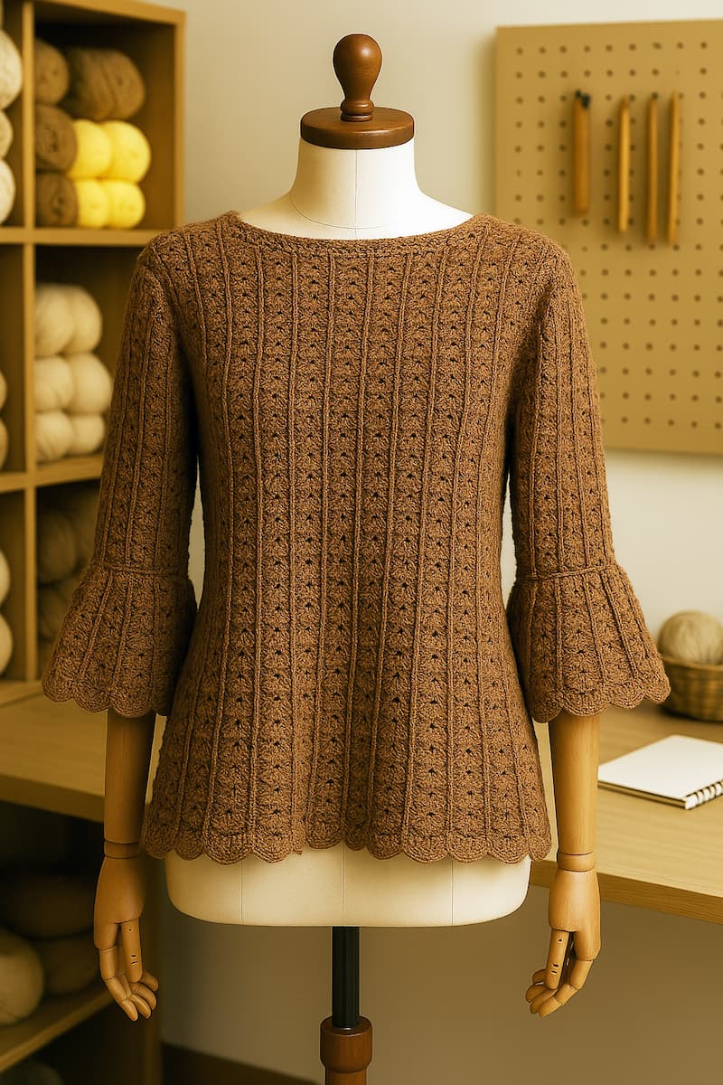 como tejer a crochet una Prenda en tono marrón cálido Mocha Mousse, exhibida sobre un maniquí blanco en un taller artesanal. El tejido muestra textura de puntos calados con detalles definidos en mangas y ruedo, rodeado por estanterías con hilos, ovillos y herramientas manuales, evocando un ambiente creativo y auténtico.
