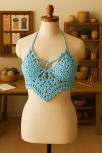 Top tejido artesanal a crochet en color turquesa claro, exhibido sobre un maniquí en un estudio artístico textil. La textura del tejido se mantiene nítida y abierta, resaltada por la luz suave del entorno. Alrededor se observan ovillos de lana, herramientas de tejido y telas que crean un ambiente creativo y acogedor, en armonía con los tonos frescos de la prenda.