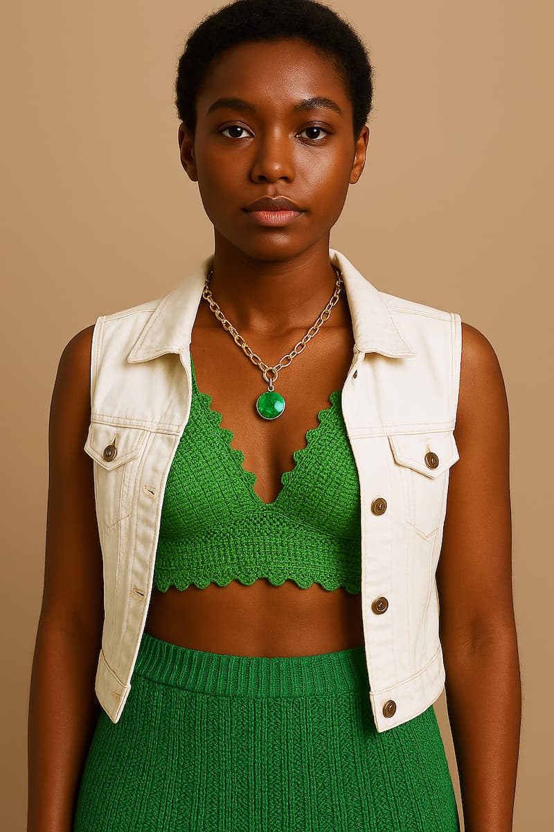 Modelo de piel morena de frente, con postura erguida, luce una chaqueta tejida blanca abierta sobre un corpiño retro verde vibrante. Lleva un collar de diseño distinto al original, y una falda tejida en tono armonioso con el verde superior. El conjunto se presenta en un entorno neutro, permitiendo que las texturas y combinaciones de color sean el foco visual de la imagen.