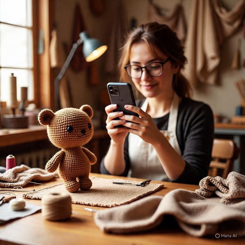 como fotografiar amigurumis, mujer tomando fotos a un amigurumi en un contexto de taller artesanal de tejidos