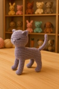 Gato Amigurumi tejido a crochet, de color natural, posado sobre una mesa de madera clara en un taller artesanal. La pieza presenta una nariz sutil en forma de punta y ojos representados por líneas oblicuas bordadas con hilo oscuro. Al fondo, se ve una estantería repleta de otros amigurumis de distintos tamaños y colores, creando un ambiente cálido y creativo.