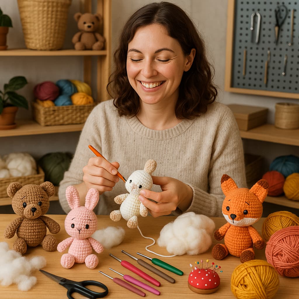 Mesa creativa con herramientas para amigurumis tejidos a mano, incluyendo un oso marrón, un conejo rosa, un conejo blanco y un zorro naranja. Una persona los trabaja con aguja de crochet mientras se aprecian objetos como tijeras, alfiletero y ovillos de lana. El fondo muestra estantes organizados con materiales, transmitiendo el encanto y dedicación de un taller artesanal.