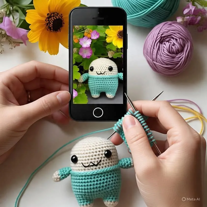 inteligencia artificial en artesanía. ersona tejiendo un amigurumi mientras sostiene un celular que muestra una imagen similar del muñeco. En la mesa hay lana púrpura y azul, flores decorativas y herramientas de crochet. La escena combina tecnología y artesanía, destacando el proceso creativo y la inspiración visual detrás de los diseños tejidos.
