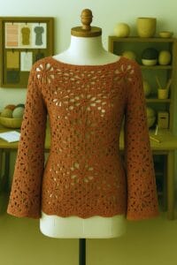 Prenda tejida a crochet en color terracota, presentada sobre un maniquí dentro de un estudio artístico de tejidos. La textura del tejido se mantiene nítida y visible, destacada por una luz cálida y suave. El entorno incluye estantes con ovillos, herramientas de trabajo y telas, creando un espacio creativo y acogedor que enmarca con armonía la tonalidad terrosa de la prenda."
Si querés, puedo ayudarte a adaptarlo para Pinterest o integrarlo como descripción en tu web. ¿Lo llevamos un paso más allá