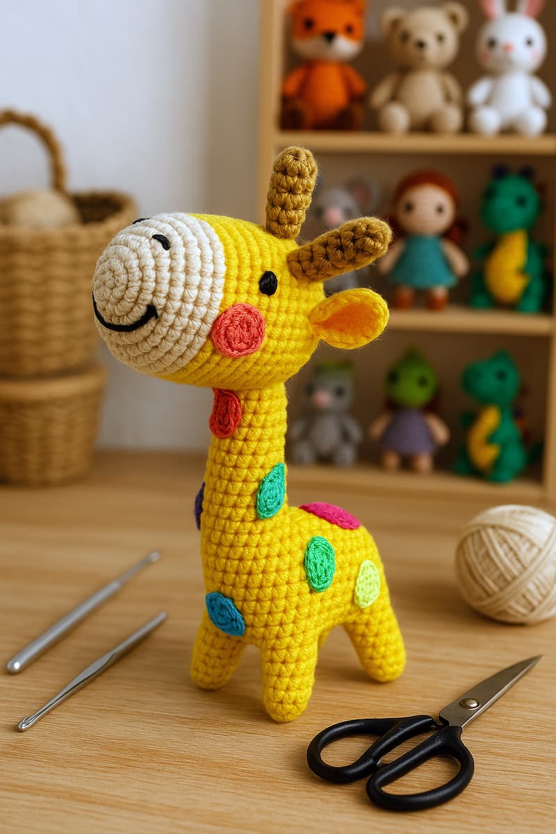jirafa amigurumi tejida a mano sobre una mesa de taller artesanal, rodeada de herramientas de crochet y materiales de trabajo. Al fondo, una estantería de madera exhibe otros amigurumis cuidadosamente organizados, creando un ambiente cálido, creativo y lleno de detalles.