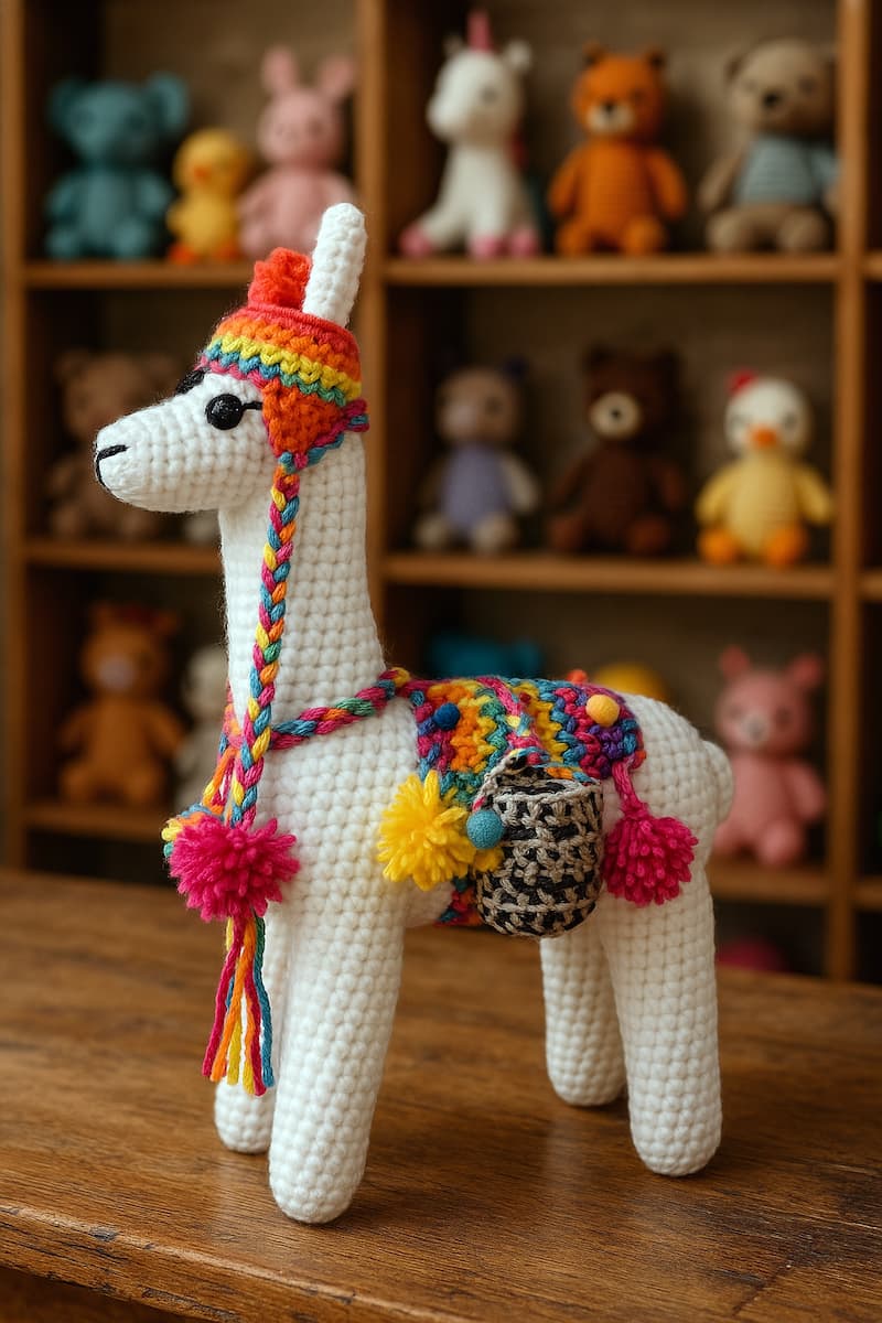 llama amigurumi tejida con hilo en tonos cálidos sobre una mesa de madera clara en un taller artesanal. Al fondo, una estantería rústica exhibe otros amigurumis de distintos tamaños y colores, creando un ambiente acogedor y creativo. La textura y los colores del amigurumi en primer plano se mantienen vibrantes y definidos, destacando su expresión y detalles tejidos con precisión.