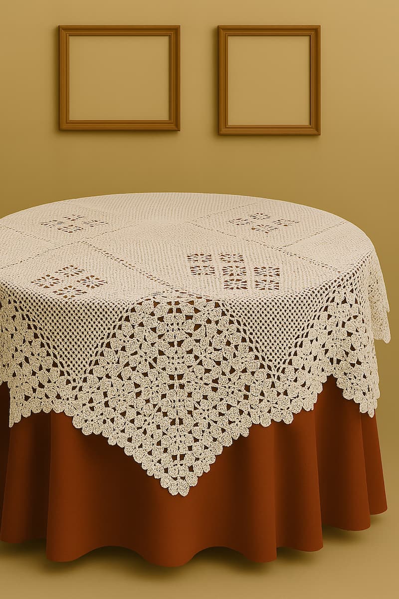 mantel gran estrella en punto de red sobre una mesa redonda
