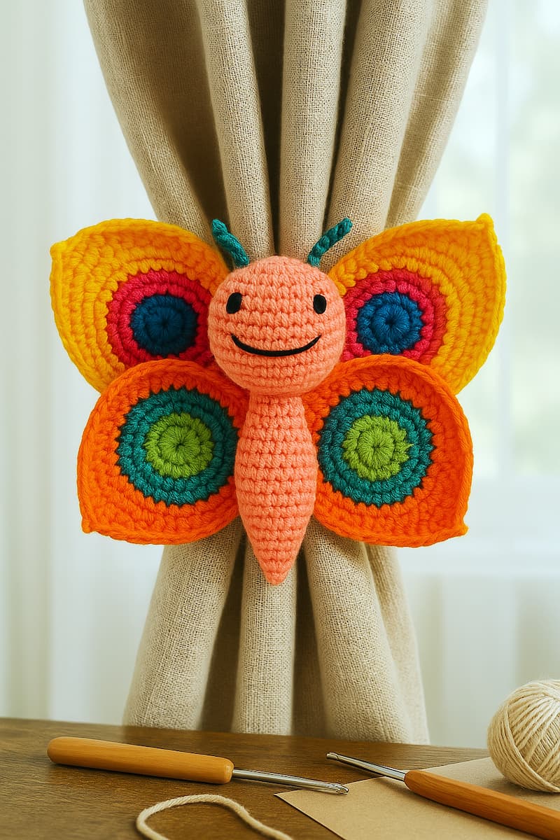Mariposa amigurumi sujeta una cortina clara en un ambiente luminoso. La luz natural del entorno resalta la calidez del tejido artesanal y convierte a la mariposa en un punto focal encantador dentro del espacio.