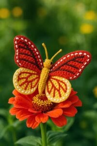 Mariposa amigurumi con alas en tonos combinados de rojo, amarillo y blanco, posada sobre una gran flor en un jardín con colores vibrantes que contrastan suavemente con los pétalos y el entorno natural. La escena transmite una estética artesanal y alegre, con la mariposa como centro visual encantador.