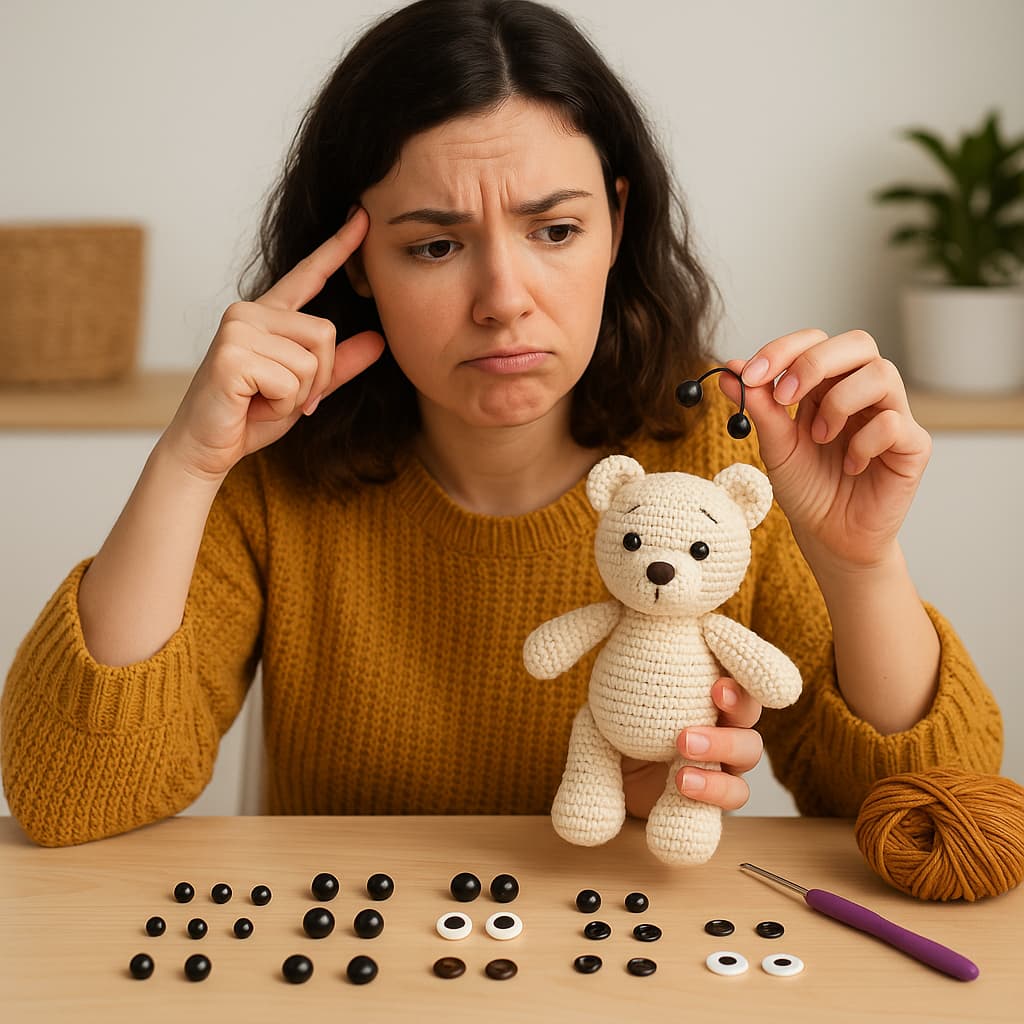 Mujer pensando mientras elige ojos para amigurumi de oso tejido a crochet, con varias opciones de ojos sobre la mesa