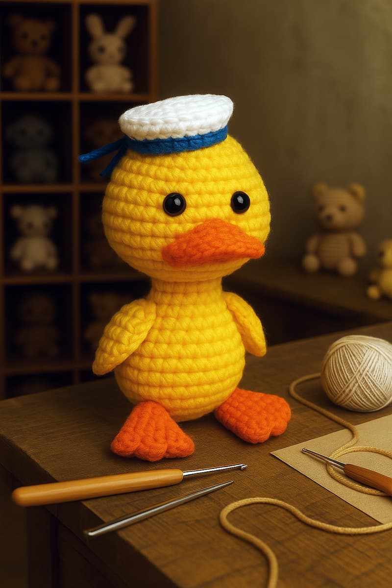 pato amigurumi sentado sobre una mesa de trabajo, rodeado de hilos, ganchillos y herramientas de tejido. En un taller artesanal cálido, con una estantería al fondo decorada con otros amigurumis.