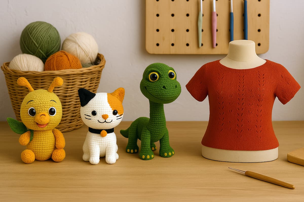 Imagen horizontal con el texto en español “Patrones de amigurumis y prendas artesanales”. A la izquierda, se muestran tres muñecos tejidos: una oruga segmentada en tonos cálidos, un gatito blanco con manchas y un dinosaurio verde con detalles en amarillo. A la derecha, se presenta una prenda tejida en tonos claros sobre maniquí, con textura delicada y detalles calados. Todo dispuesto sobre fondo claro, transmitiendo una estética artesanal, cálida y cuidada.